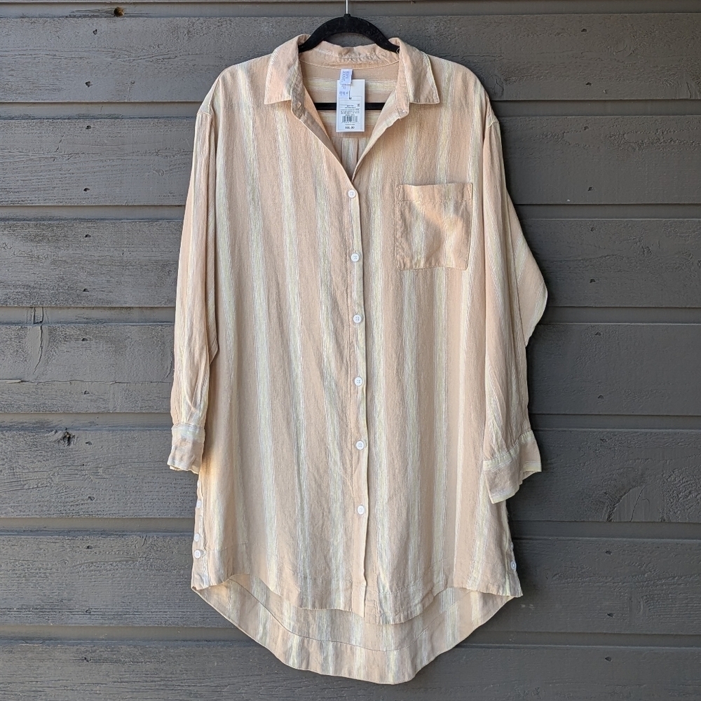 NWT Stars Above Tan Stripe Linen Blend Nightshirt Pajama Size Medium